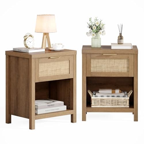 Caramel Oak Boho Rattan Nightstand Set with Drawer & Storage Shelf