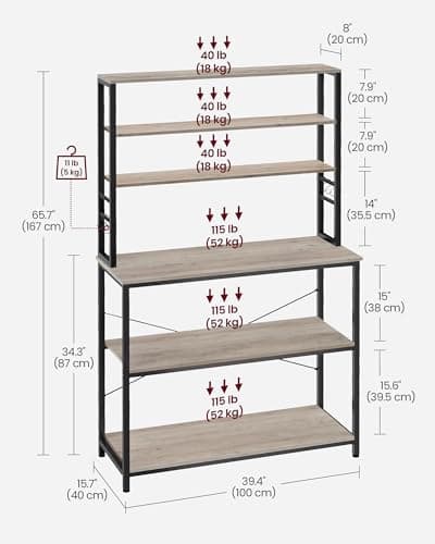 VASAGLE 39.4 Inch Industrial Baker's Rack with 6-Tier Shelves and Hooks UKKS039K02