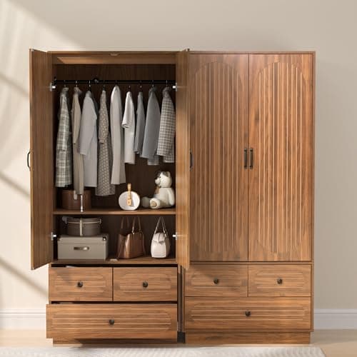 Mid-Century Modern Walnut Armoire Wardrobe with 3 Drawers and Hanging Rod