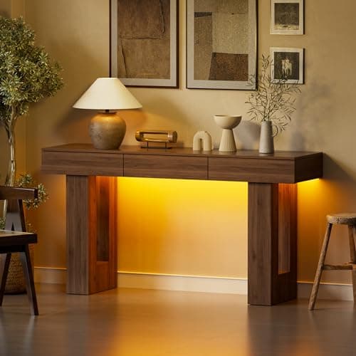 PAKASEPT Natural 63-Inch Console Table with Colorful LED Lights and 3 Drawers