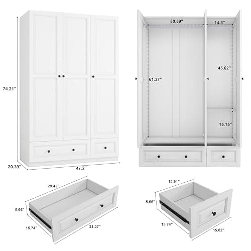 White 3-Door Wardrobe Closet with Drawers & Shelves (47")