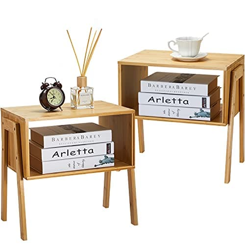 Bamboo Stackable End Tables, Pipishell Living Room Nightstand Set of 2