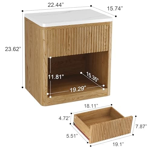Yusong Natural Oak Fluted Nightstand with Drawer, Large Bedside Table