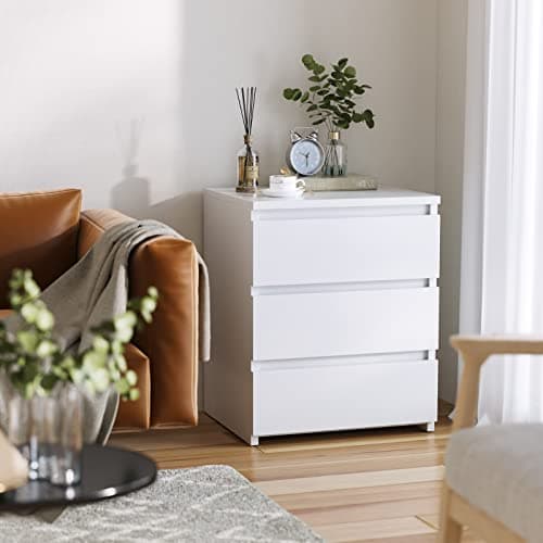 Fotosok White 3-Drawer Nightstand with Cut-Out Handle