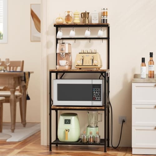 Rustic Brown 4-Tier Bakers Rack with Power Outlet & Storage