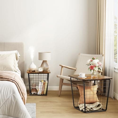 Nesting Coffee Table with Storage - Set of 2 Side Tables with Wire Basket