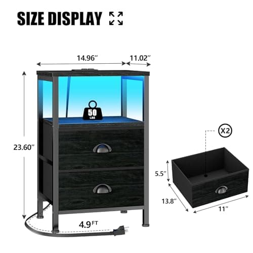 Furologee Black Nightstands with Charging Station and LED Lights