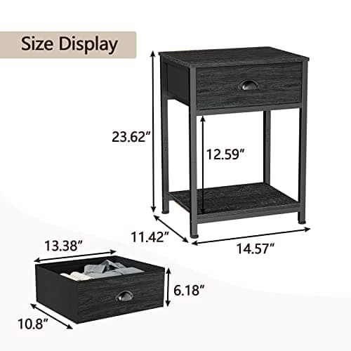Furologee Black Oak Small Nightstand with Fabric Drawer & Storage Shelf