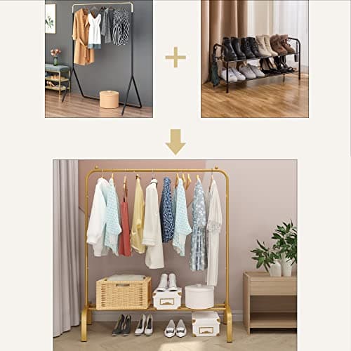 JIUYOTREE Gold Metal 43.3" Clothing Rack with Bottom Shelf for Hanging Clothes Coats Skirts Shirts Sweaters