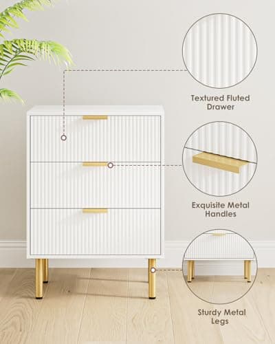 Modern White Nightstand with 3 Drawers & Gold Frame