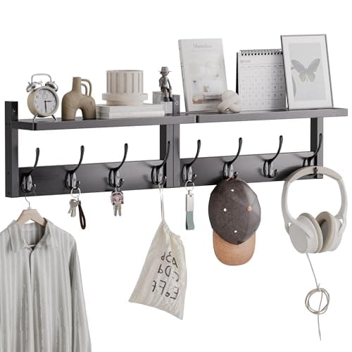 Bamboo Wall Mount Coat Rack with Shelf, 2 Pack, 8 Hooks (Natural)