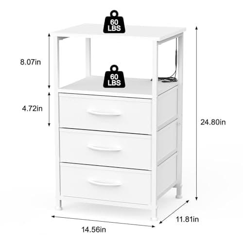 White Nightstand with LED Light, 3 Fabric Drawers for Small Spaces