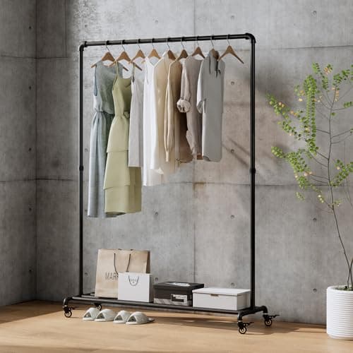 Heavy Duty Black Industrial Pipe Clothing Rack with Bottom Shelf