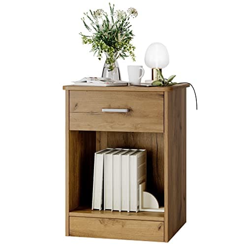 Fotosok 2-Tier Bedside Table with Drawer & Storage, White