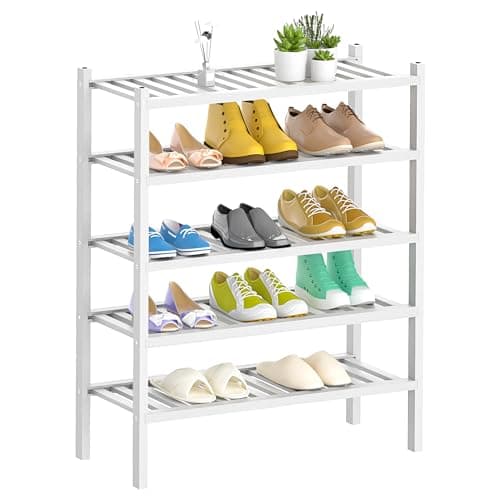Bamboo 2-Tier Shoe Organizer - White, Free-Standing Closet Storage