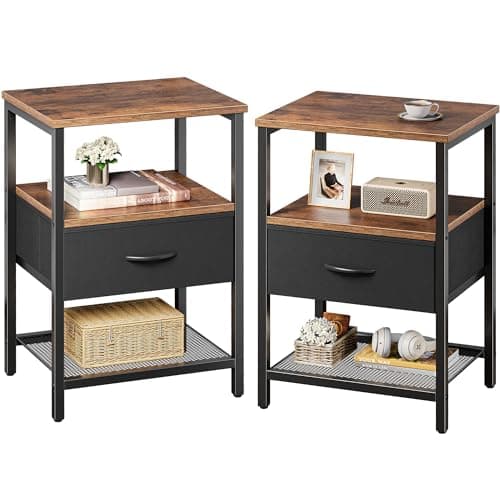 Huurger Nightstand Set of 2: Rustic Brown, Fabric Drawers & Mesh Shelf