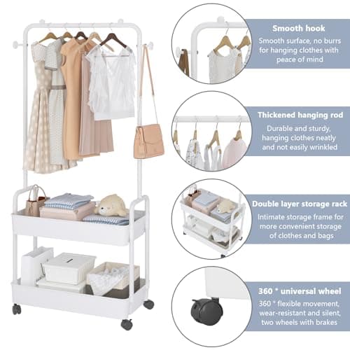 Metal Clothing Racks with Wheels and 2 Tier Plastics Shelf, White