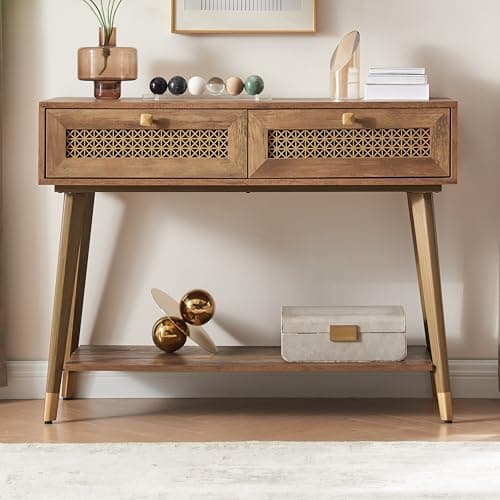 Rustic Oak Narrow Sofa Table with Drawers & Shelf, Modern Living Room Console