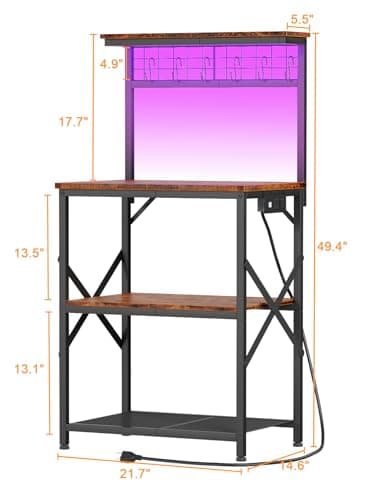 Furologee Rustic Brown Bakers Rack with Power & LED Light, 4 Tier Spices & Pot Storage
