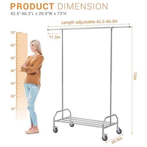 LiaMeE Heavy Duty Clothing Rack, Adjustable Rolling Rod & Shelf, Chrome Plated