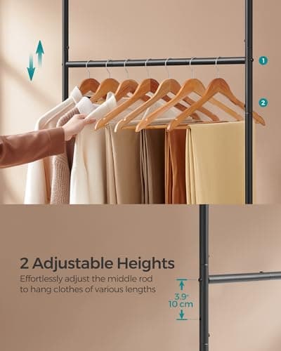 SONGMICS Adjustable Clothing Rack with Shelf, Hanging Rod Up to 121 lbs, Rustic Brown and Ink Black