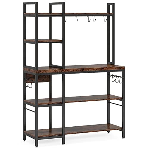 Tribesigns 43" Wide Bakers Rack with 5-Tier Shelves & 10 Hooks, Black Brown
