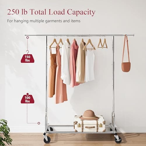 Heavy Duty Clothes Rack with Wheels and Extendable Rod, Freestanding Clothing Rack for Hanging Clothes, Adjustable Rolling Racks