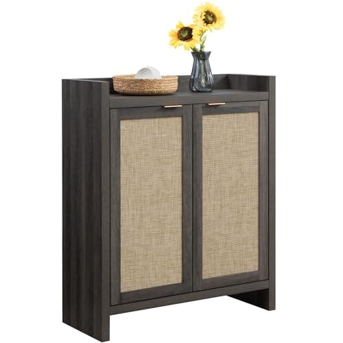 SICOTAS 6-Tier Rattan Shoe Cabinet, 41" Tall, 24 Pair Storage with Doors & Shelves, Light Oak Boho Entryway Closet Organ
