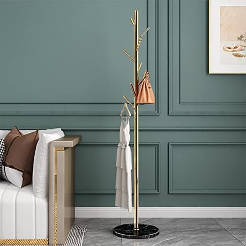 Jolitac Golden Satin Steel Coat Rack with Marble Base & Hooks