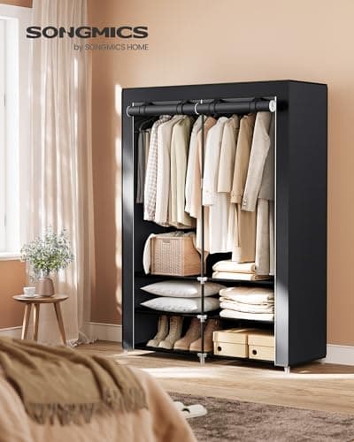 SONGMICS Spacious Portable Closet with Shoe Rack & Cover, 2 Rods, Shelves, & Pockets, Black URYG008B02