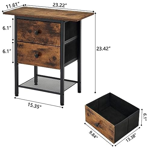 Rustic Brown End Table with 2 Drawers and 2-Tier Storage Shelf