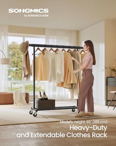 SONGMICS Portable Clothing Rack with Wheels, 220 lb Capacity, Extends Up to 52"