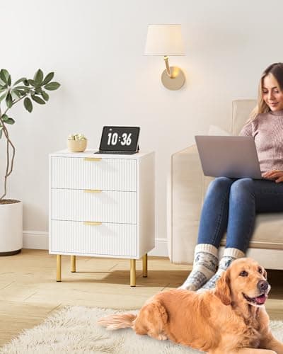 Modern White Nightstand with 3 Drawers & Gold Frame