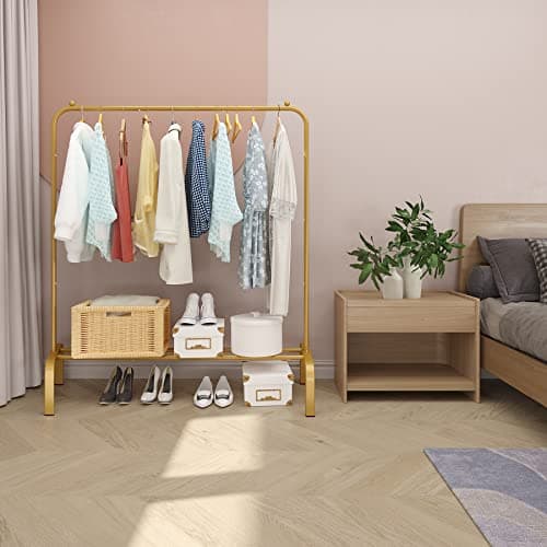 JIUYOTREE Gold Metal 43.3" Clothing Rack with Bottom Shelf for Hanging Clothes Coats Skirts Shirts Sweaters