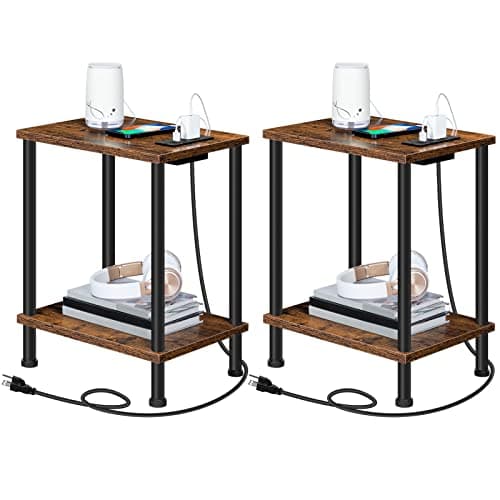 HOOBRO Set of 2 Side Tables with Charging Station and Storage Shelves for Small Spaces - Rustic Brown