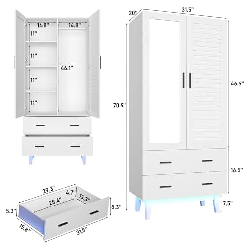 2 Door White Armoire Wardrobe with LED Lights & Large Storage