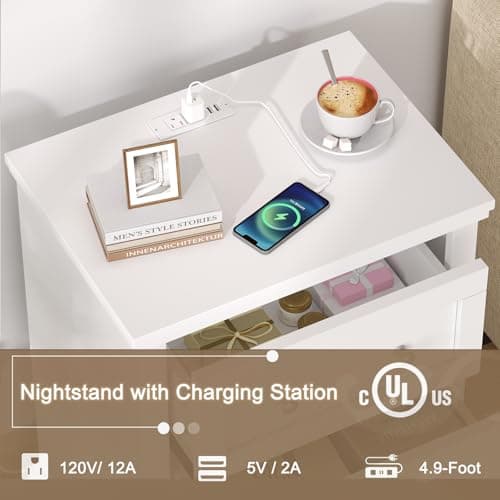 Rovaurx Large White Farmhouse Nightstand with 3 Drawers and Charging Station