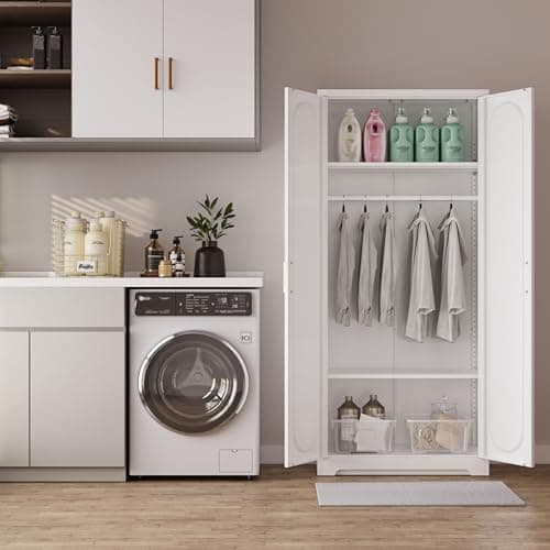 71" Tall White Metal Storage Cabinet with Hanging Rod and Shelves, Ideal for Bedroom, Armoire or Bathroom