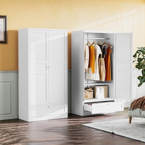 White Metal Armoire Wardrobe with Drawer & Rod, Adjustable Shelves