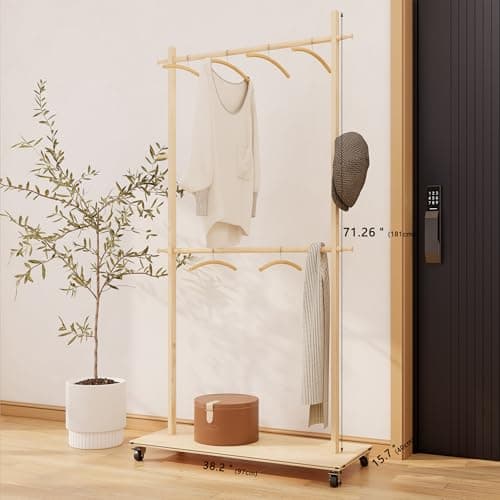Freestanding Wood Coat Rack with 2 Stems and Pulley, for Hanging Coats and Clothes