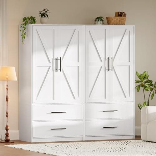 HOOBRO 70.9" Tall Wooden Farmhouse Wardrobe with 2 Drawers & Doors, White