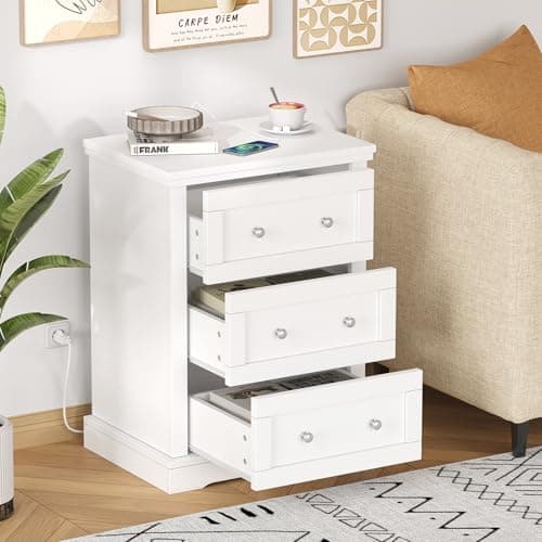 Rovaurx Large White Farmhouse Nightstand with 3 Drawers and Charging Station
