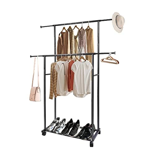 Black Simple Double Rod Clothing Rack with Lockable Wheels for Hanging and Rolling Clothes