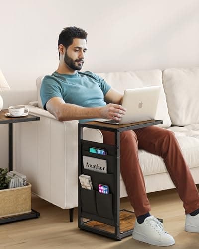 C Shaped End Table for Couch with Storage Shelf and Bag