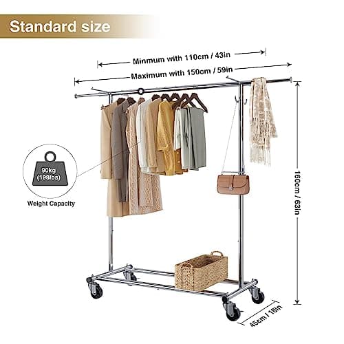 GREENSTELL Heavy Duty Rolling Clothes Rack with Brakes, Industrial Grade Sturdy Metal (59x24x63 inch)