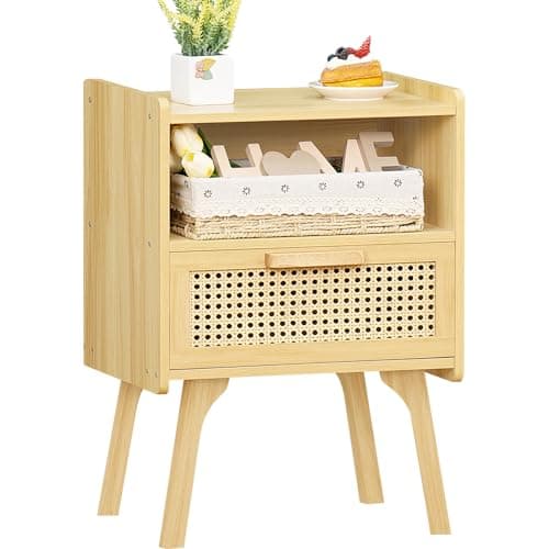 Lerliuo Natural Boho Rattan Nightstands Set of 2 with Drawer & Shelf for Bedroom Small Spaces