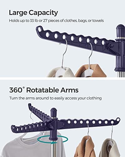 SONGMICS 59-Inch Folding Laundry Rack, 3 Rotatable Arms, Stainless Steel, Blue Silver, for 27 Clothes ULLR510Q01