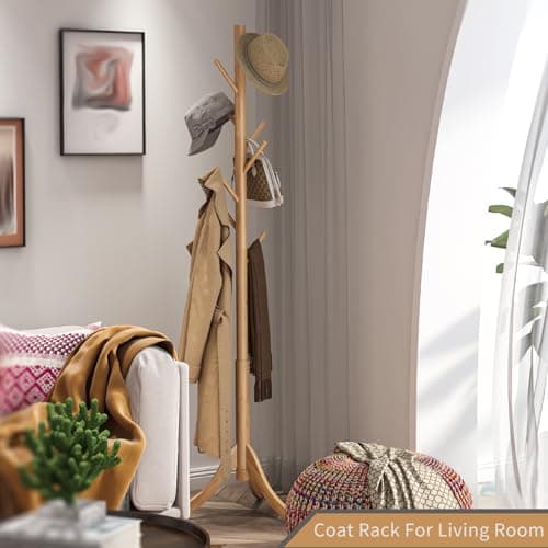 Bamboo Freestanding Coat Rack with 8 Hooks for Entryway (Natural)