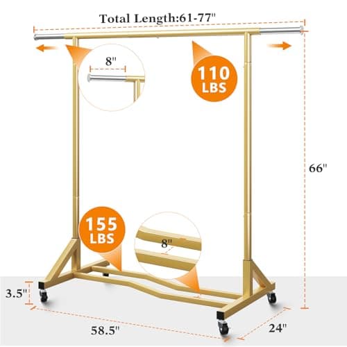 Raybee 77" Gold Heavy Duty Rolling Clothes Rack