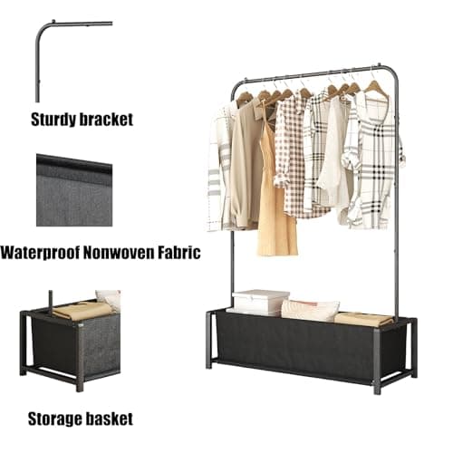 Black Heavy Duty Portable Garment Rack with Metal Shelf for Hanging Coats and Shirts